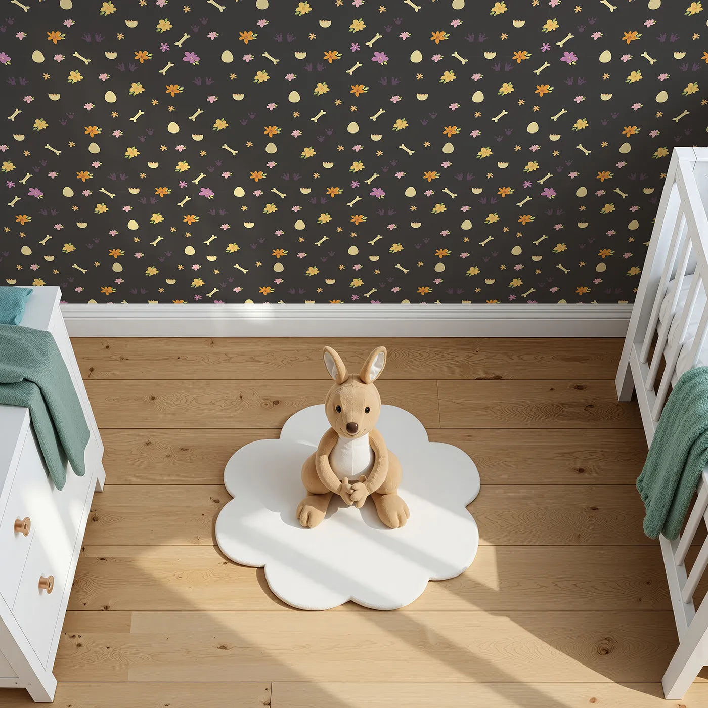 Top-Down view of Whimsy Tots' Dino Hatch Trail Wallpaper in Midnight Soil (W3118E).Bright prints and petals shine on deep black earth.
