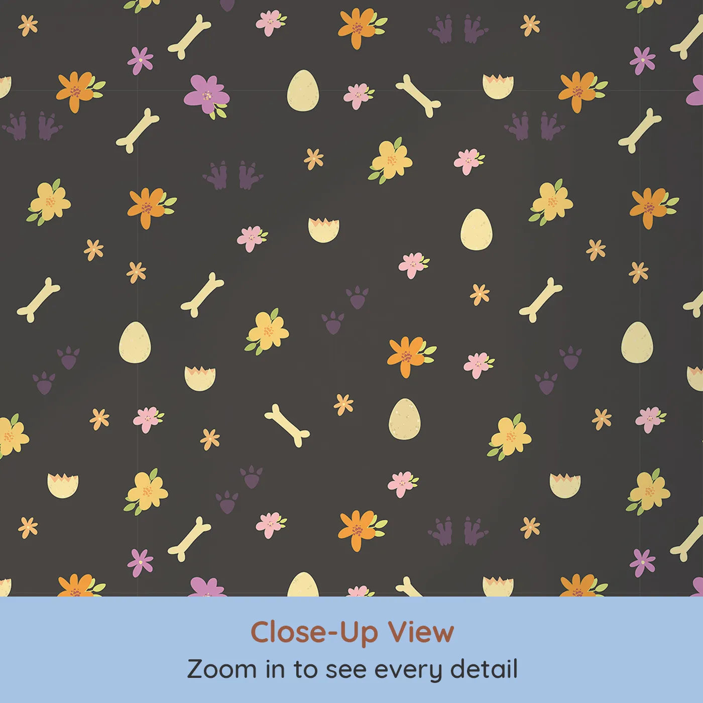 Close-up view of Whimsy Tots' Dino Hatch Trail Wallpaper in Midnight Soil (W3118E).Bright prints and petals shine on deep black earth.