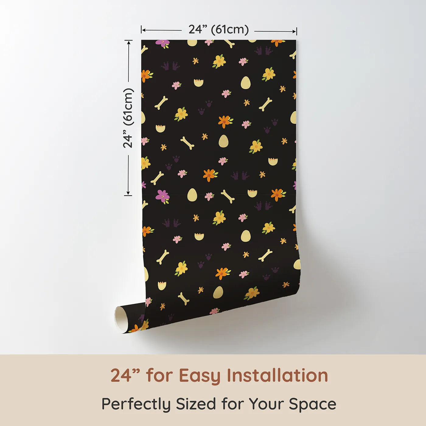 Dimension view of Whimsy Tots Dino Hatch Trail Wallpaper in Midnight Soil (W3118E). Printed in 24-inch-wide panel for easy installation. Bright prints and petals shine on deep black earth.