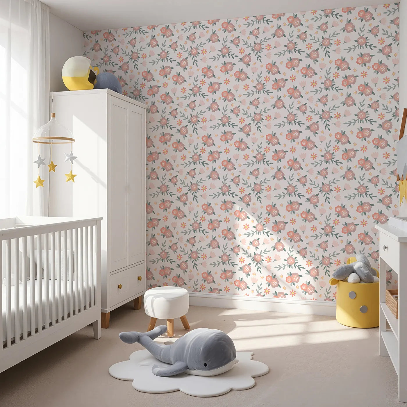 Angled view of Whimsy Tots' Whispering Peony Garden Wallpaper in Petal White (W3119A).Blushing peonies and leafy sprigs flutter across a calm white canvas.
