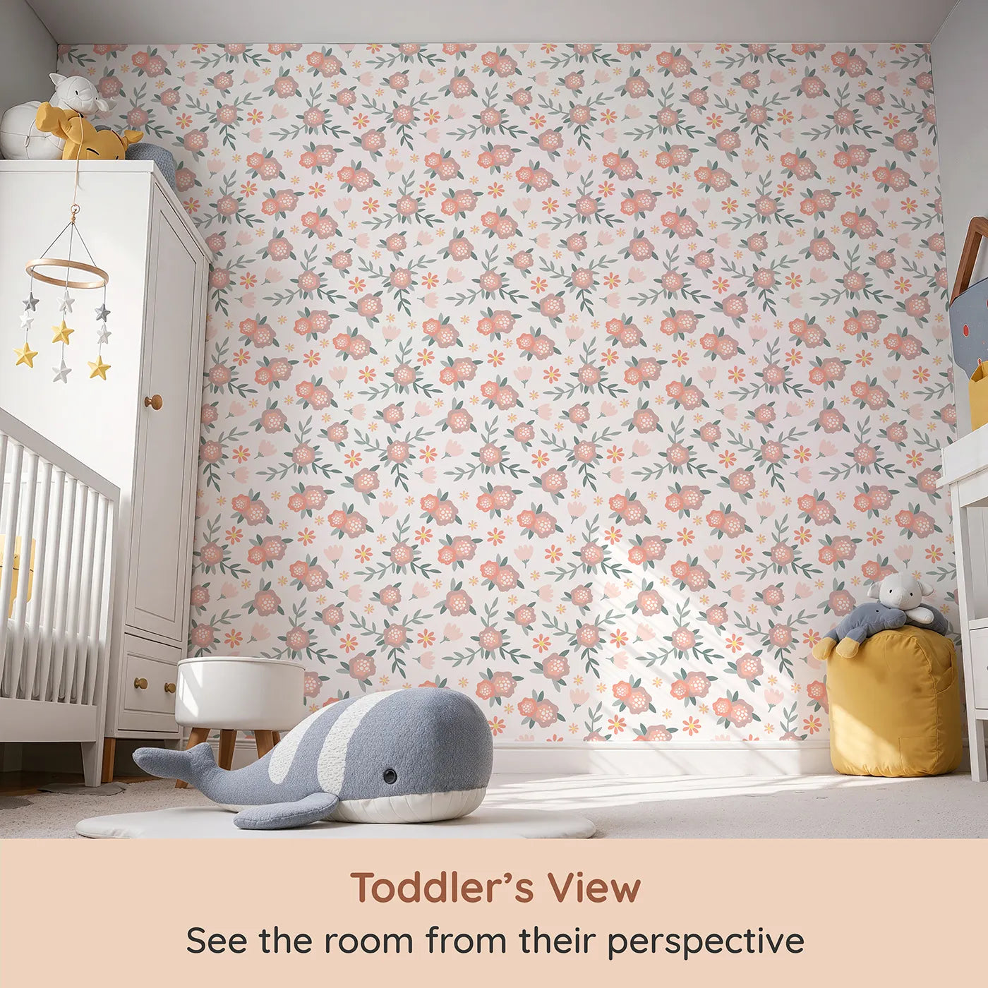 Whimsy Tots Whispering Peony Garden Wallpaper in Petal White (W3119A) from your child's view.Blushing peonies and leafy sprigs flutter across a calm white canvas.