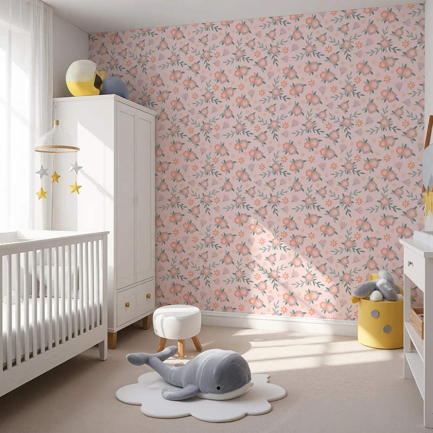 Angled view of Whimsy Tots' Whispering Peony Garden Wallpaper in Blush Kiss Pink (W3119B).Peony petals and dainty daisies sway over a soft pink embrace.