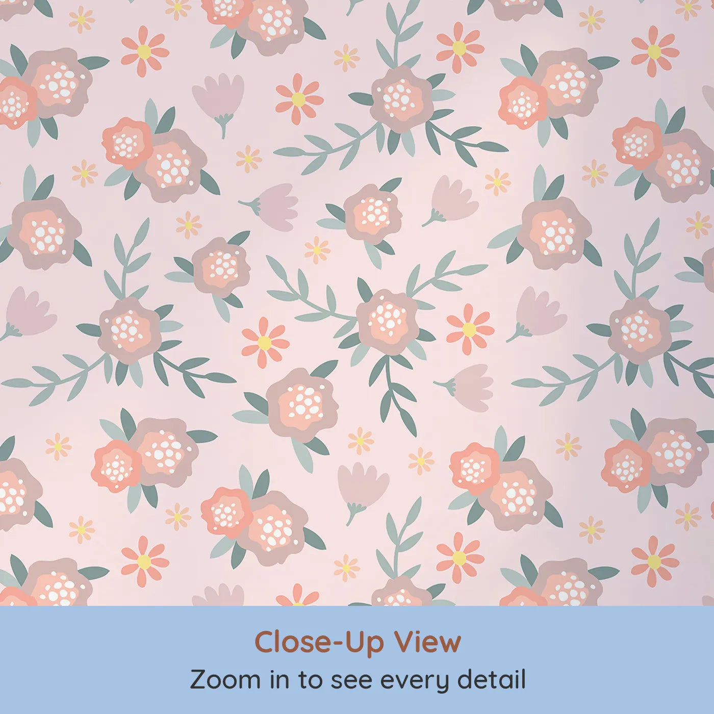 Close-up view of Whimsy Tots' Whispering Peony Garden Wallpaper in Blush Kiss Pink (W3119B).Peony petals and dainty daisies sway over a soft pink embrace.
