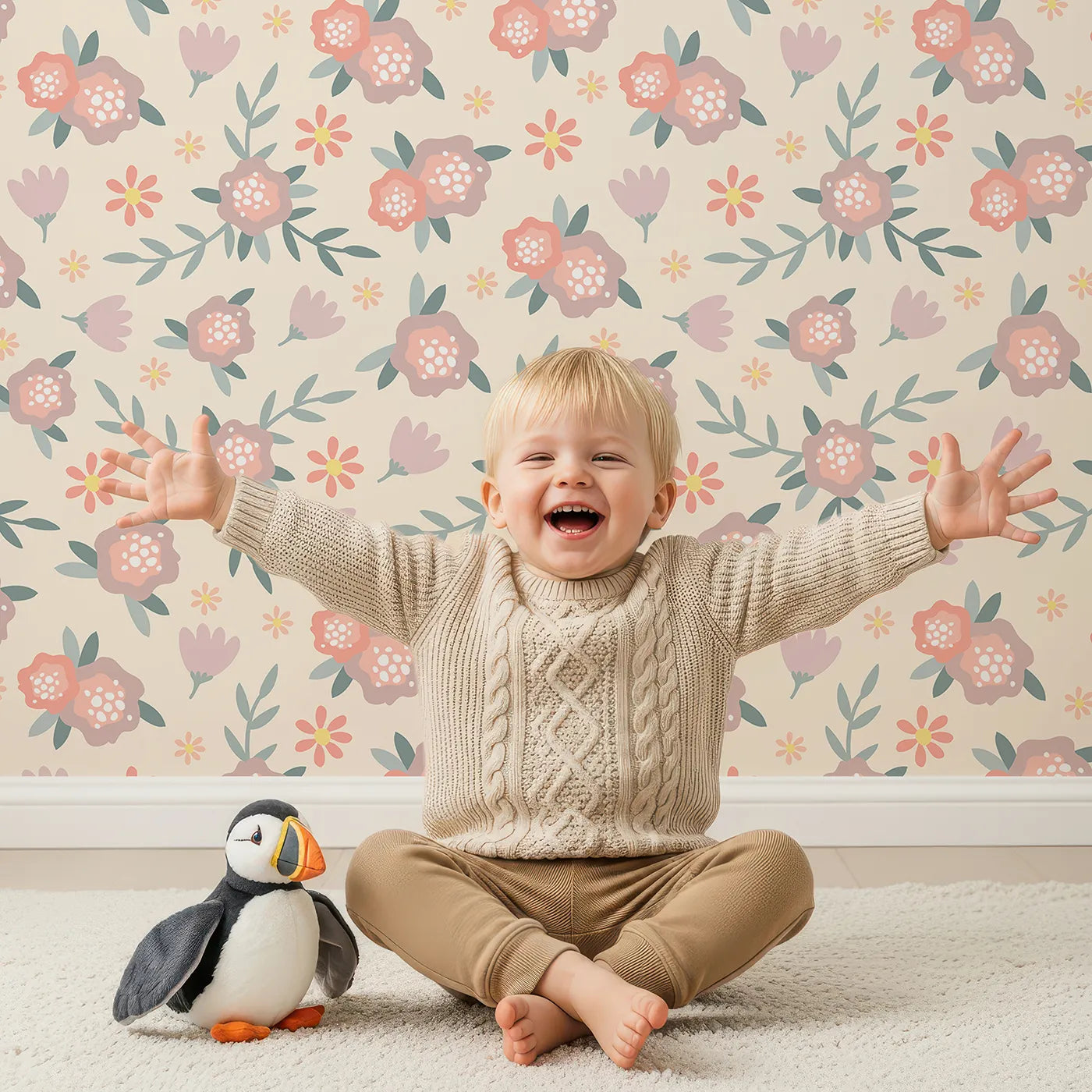 Lovely child standing in front of Whimsy Tots Whispering Peony Garden Wallpaper in Cream Bloom with flower, peony, daisy, leaf in design.