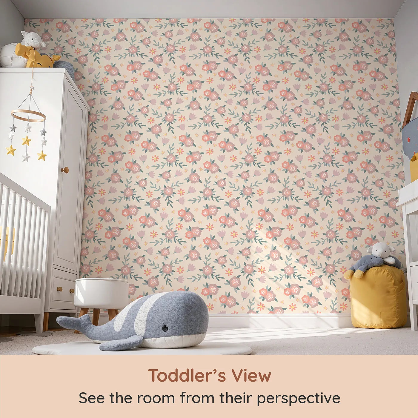 Whimsy Tots Whispering Peony Garden Wallpaper in Cream Bloom (W3119C) from your child's view.Peonies and petals sway gently across a warm cream field.