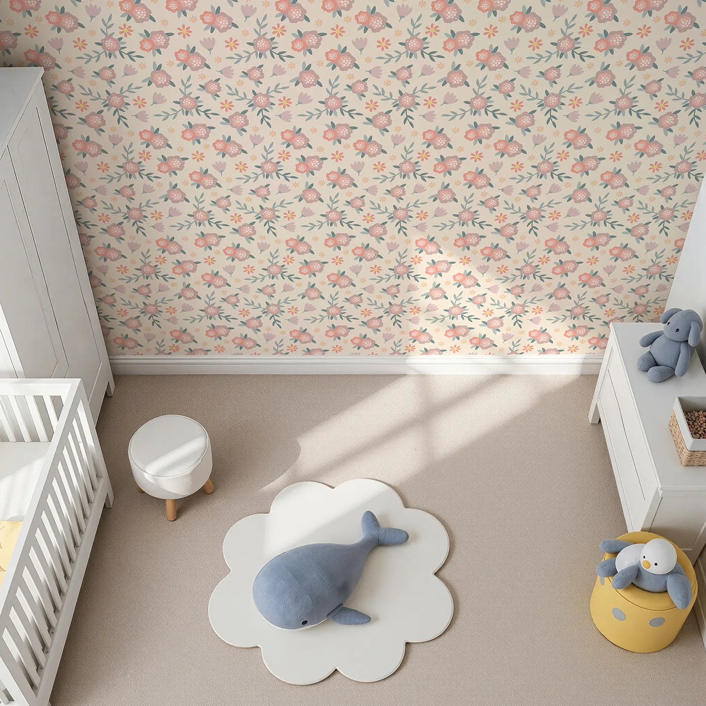 Top-Down view of Whimsy Tots' Whispering Peony Garden Wallpaper in Cream Bloom (W3119C).Peonies and petals sway gently across a warm cream field.