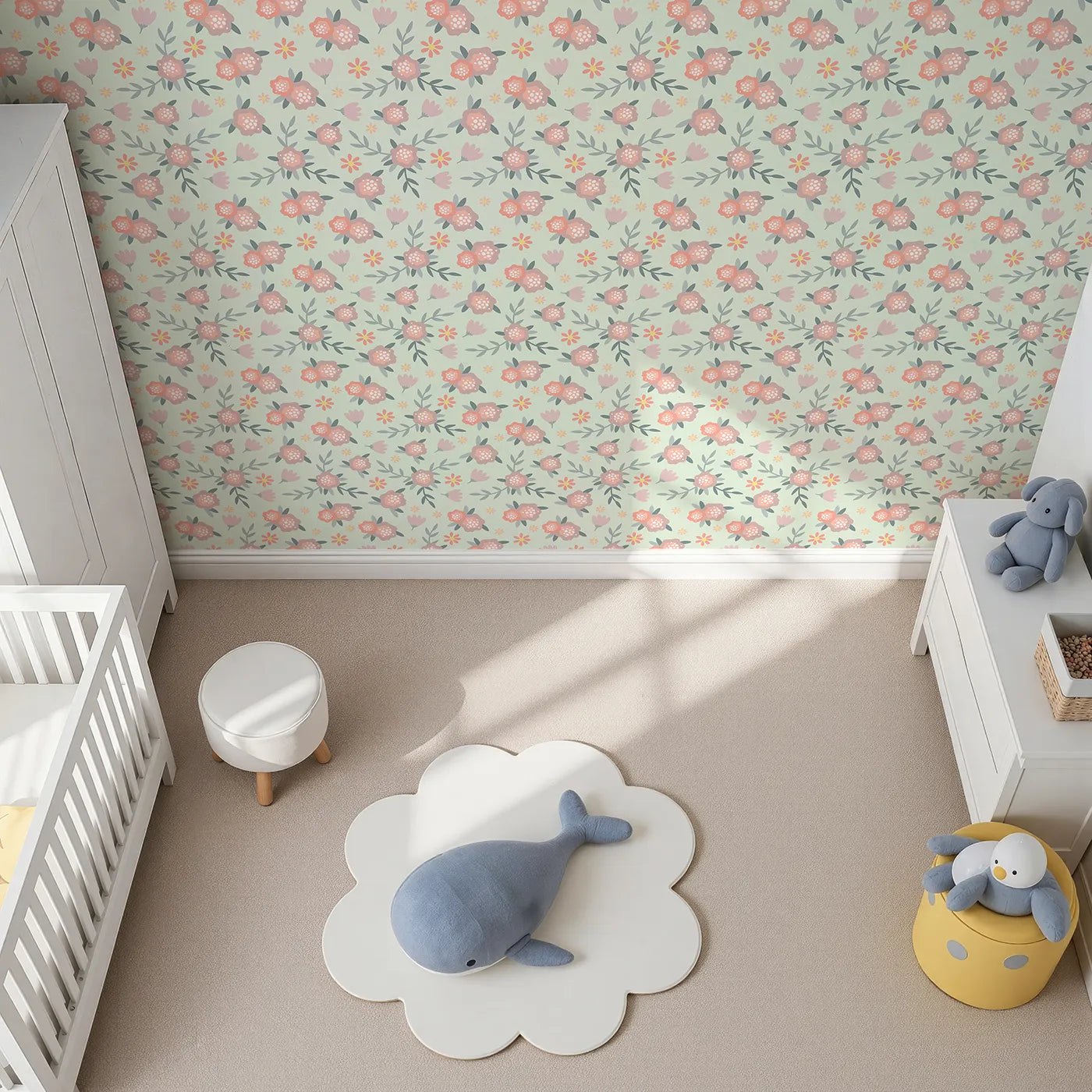 Top-Down view of Whimsy Tots' Whispering Peony Garden Wallpaper in Mint Petal Green (W3119D).Peonies and greenery breathe softly across a minty breeze.