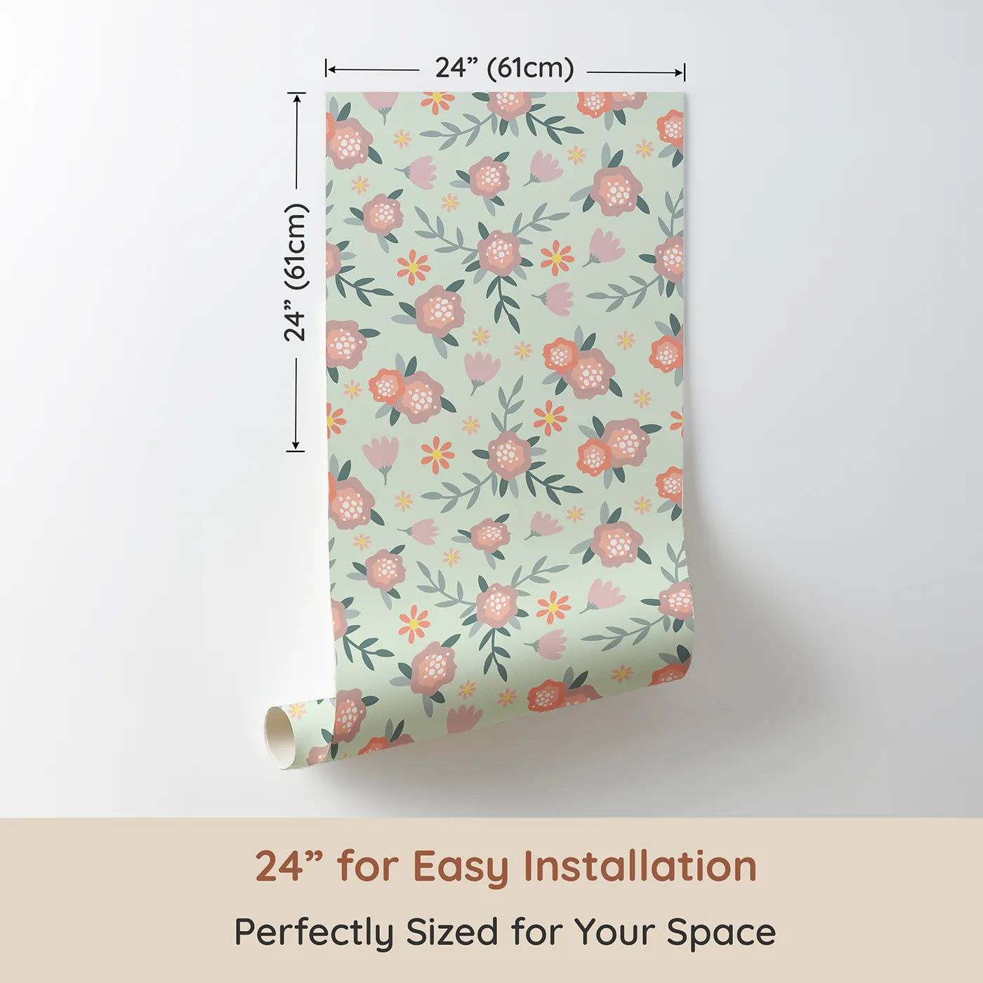 Dimension view of Whimsy Tots Whispering Peony Garden Wallpaper in Mint Petal Green (W3119D). Printed in 24-inch-wide panel for easy installation. Peonies and greenery breathe softly across a minty breeze.