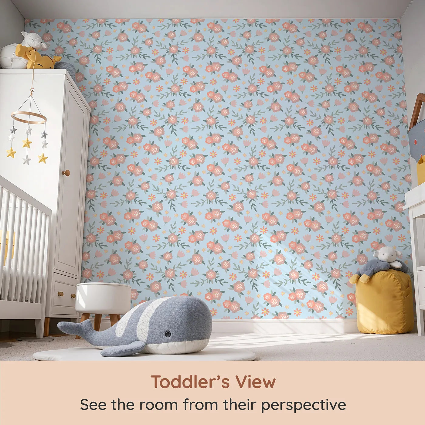 Whimsy Tots Whispering Peony Garden Wallpaper in Sky Blossom (W3119E) from your child's view.Peonies and petals drift gently across a soft blue sky.