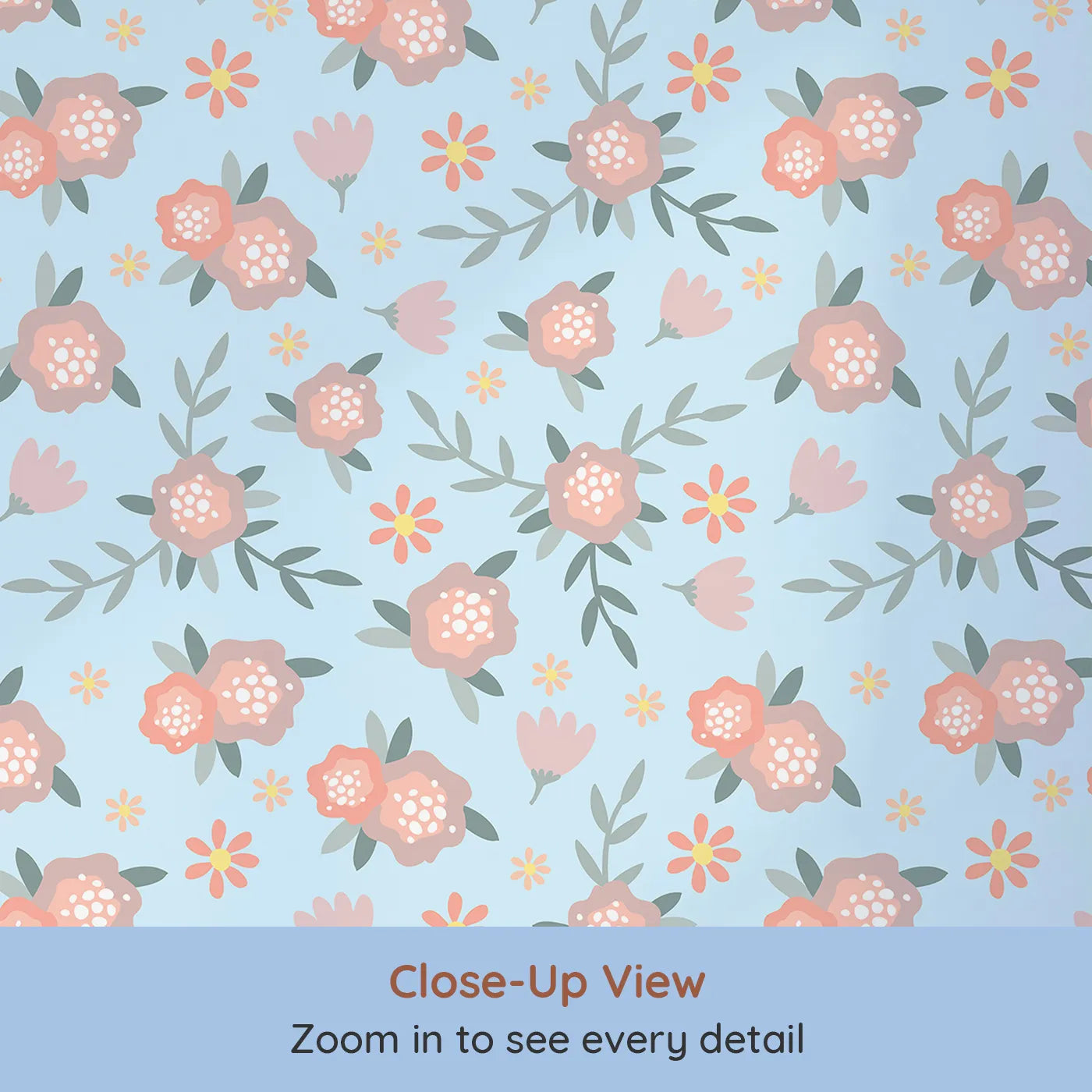 Close-up view of Whimsy Tots' Whispering Peony Garden Wallpaper in Sky Blossom (W3119E).Peonies and petals drift gently across a soft blue sky.