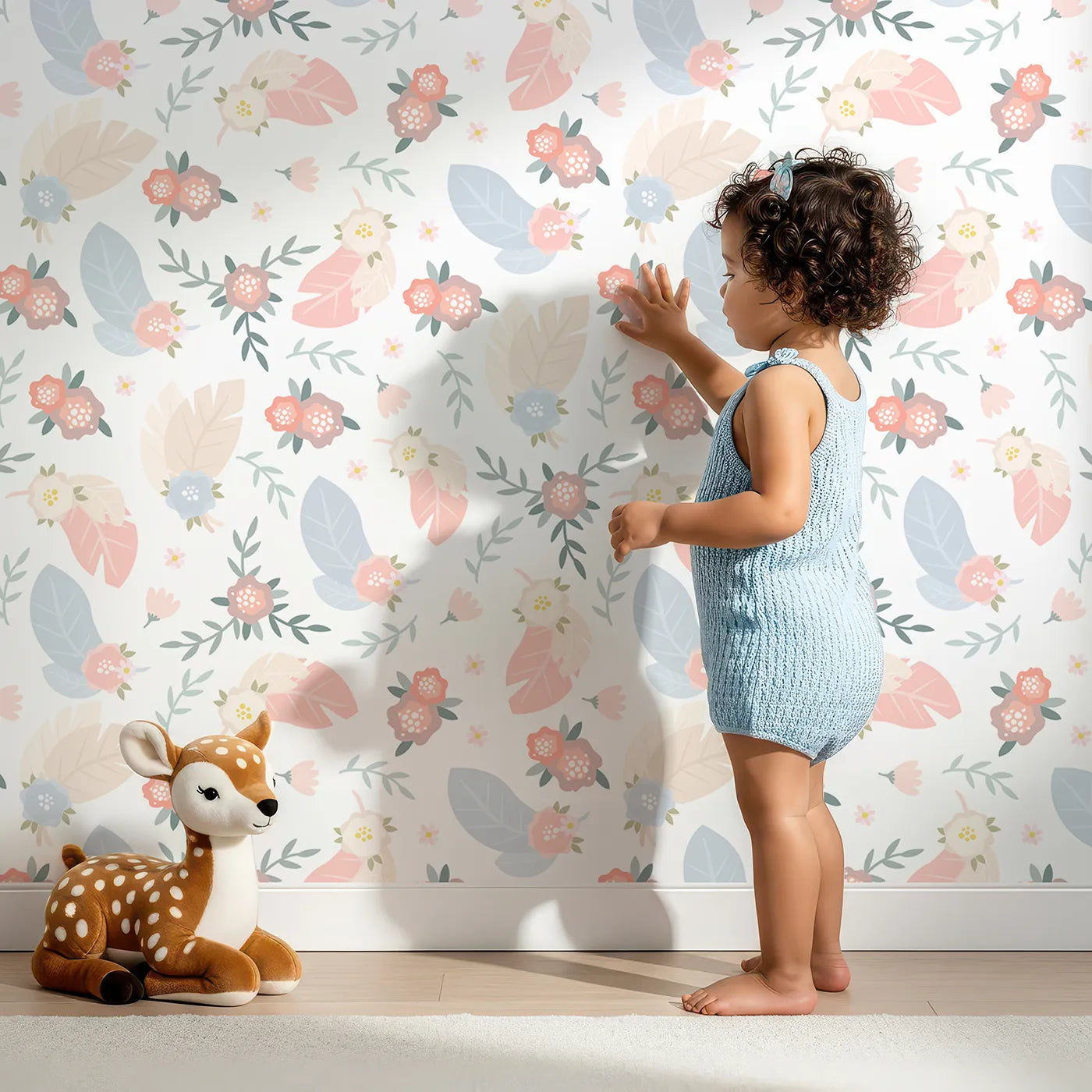 Lovely child standing in front of Whimsy Tots Floating Botanical Whispers Wallpaper in Soft Feather with flower, leaf, peony, feather in design.