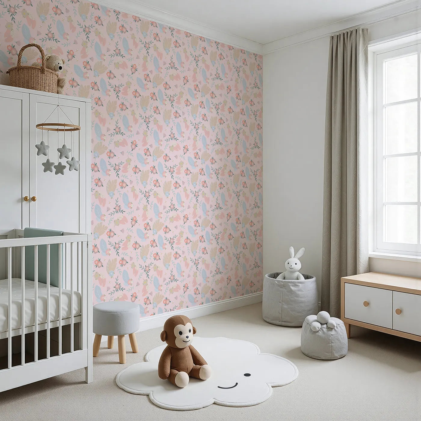 Angled view of Whimsy Tots' Floating Botanical Whispers Wallpaper in Blush Bloom Pink (W3120B).Muted florals and leafy feathers float gently on a blush canvas.