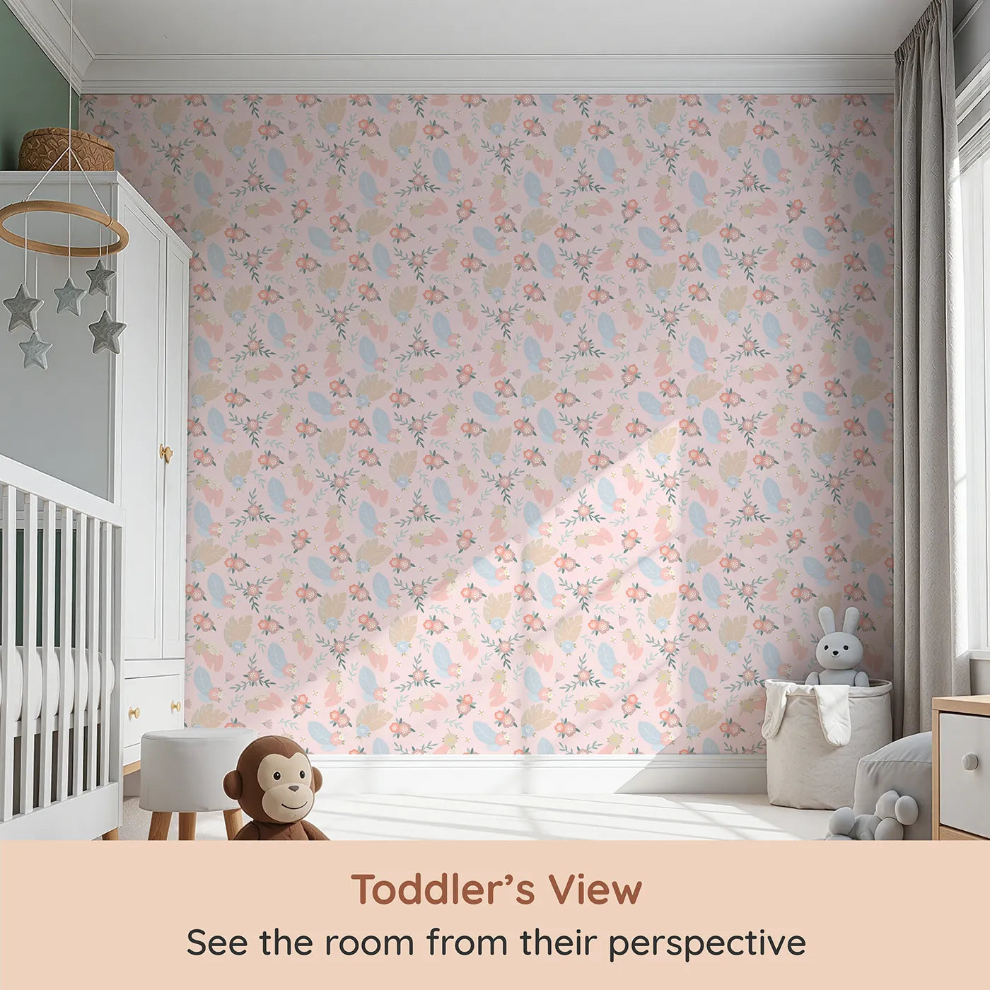 Whimsy Tots Floating Botanical Whispers Wallpaper in Blush Bloom Pink (W3120B) from your child's view.Muted florals and leafy feathers float gently on a blush canvas.