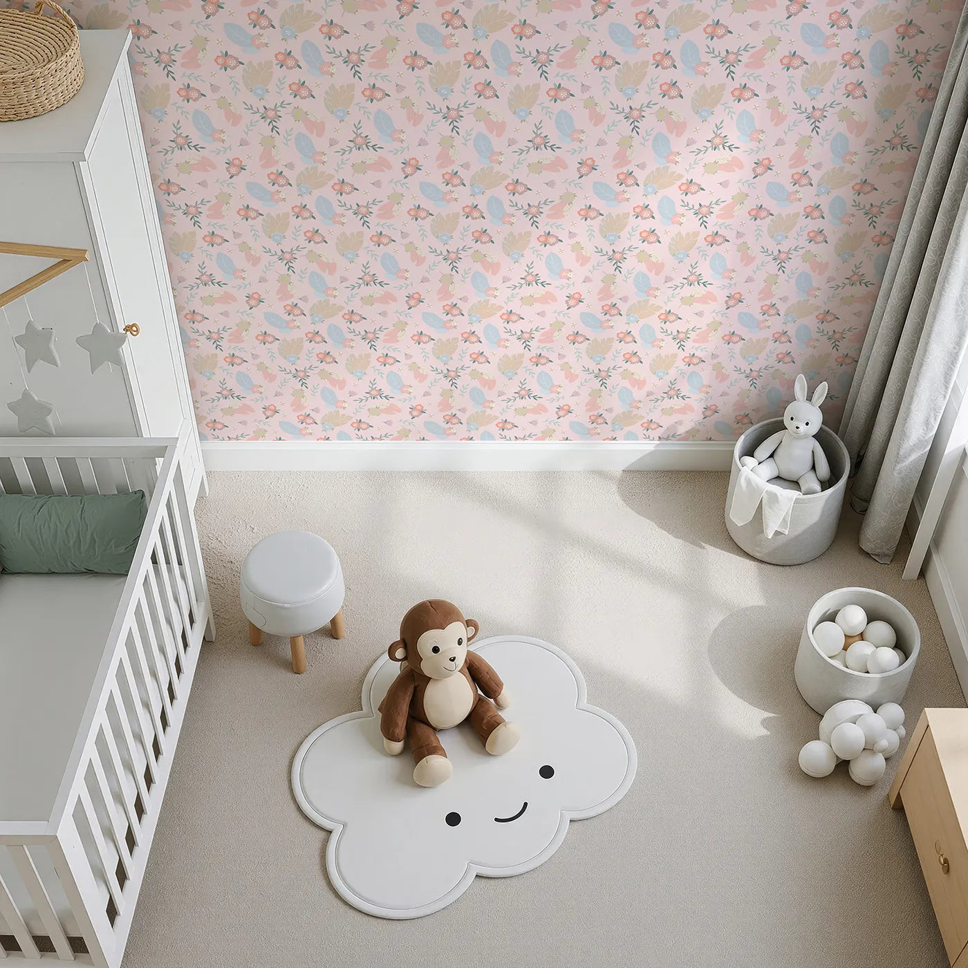 Top-Down view of Whimsy Tots' Floating Botanical Whispers Wallpaper in Blush Bloom Pink (W3120B).Muted florals and leafy feathers float gently on a blush canvas.