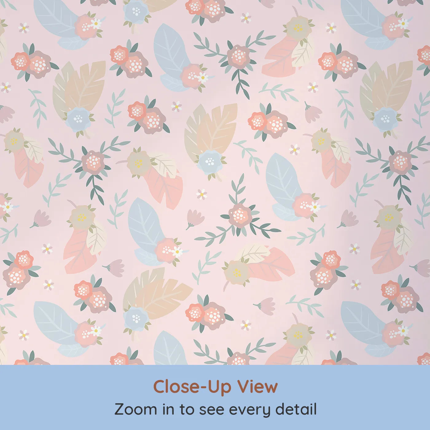 Close-up view of Whimsy Tots' Floating Botanical Whispers Wallpaper in Blush Bloom Pink (W3120B).Muted florals and leafy feathers float gently on a blush canvas.
