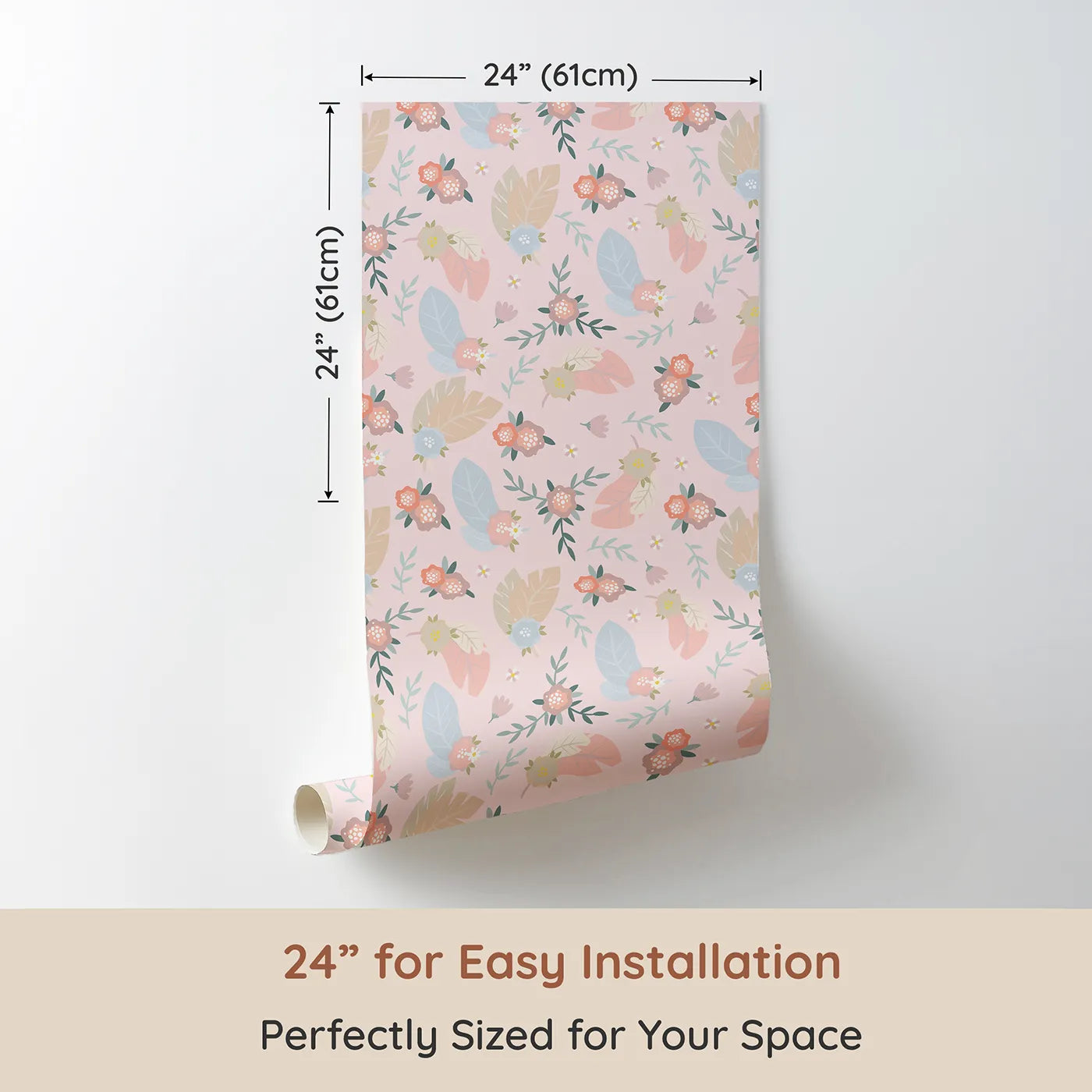 Dimension view of Whimsy Tots Floating Botanical Whispers Wallpaper in Blush Bloom Pink (W3120B). Printed in 24-inch-wide panel for easy installation. Muted florals and leafy feathers float gently on a blush canvas.