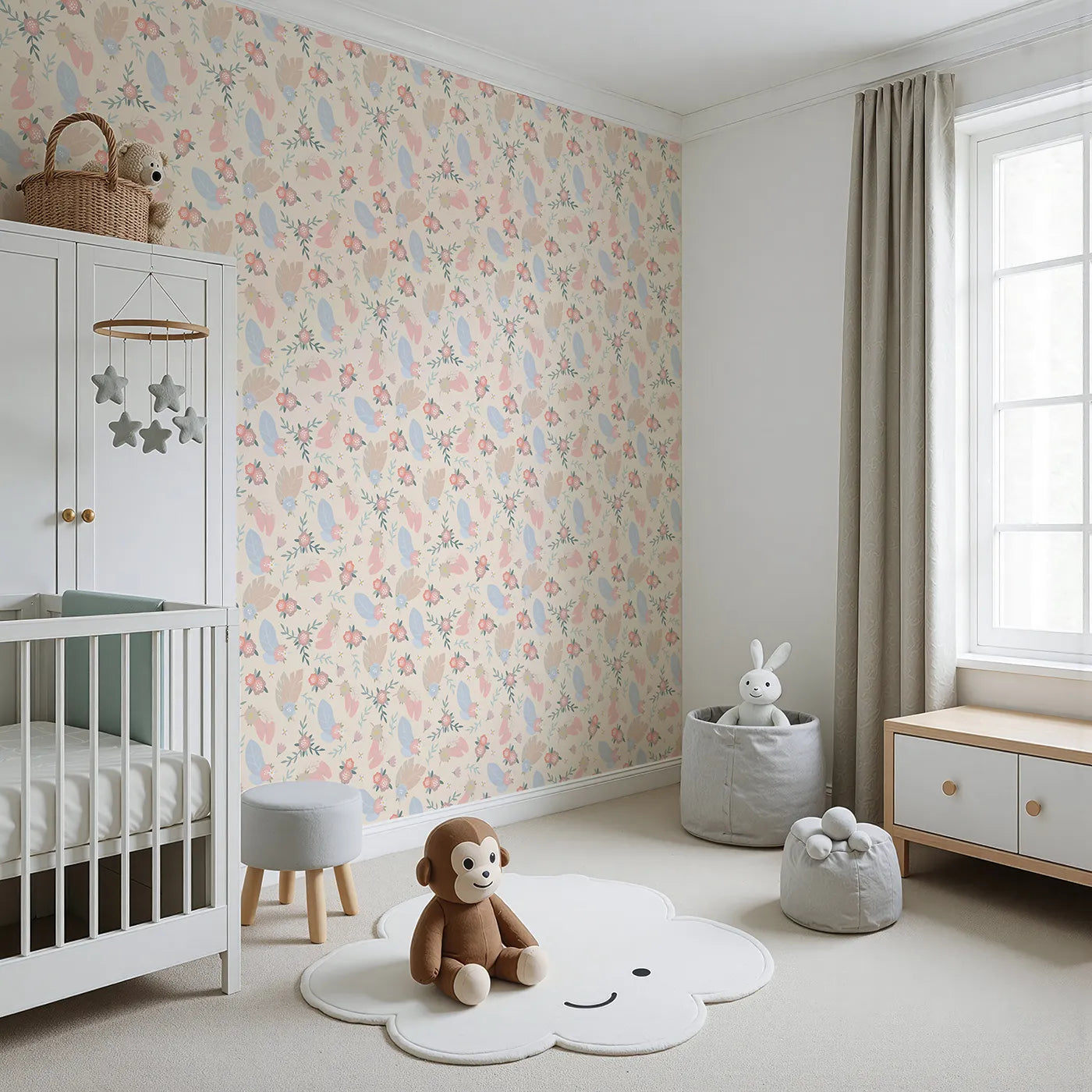 Angled view of Whimsy Tots' Floating Botanical Whispers Wallpaper in Cream Petal (W3120C).Pastel leaves and gentle blooms wander across a warm cream hue.