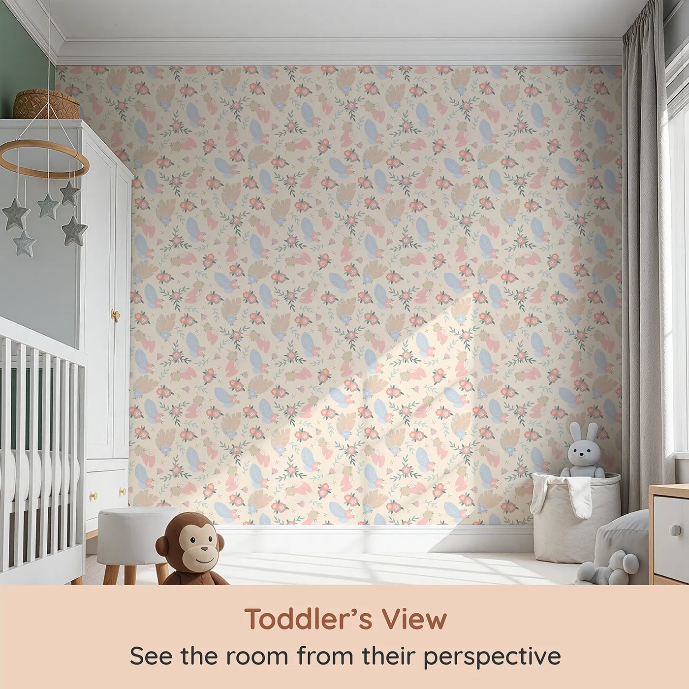Whimsy Tots Floating Botanical Whispers Wallpaper in Cream Petal (W3120C) from your child's view.Pastel leaves and gentle blooms wander across a warm cream hue.