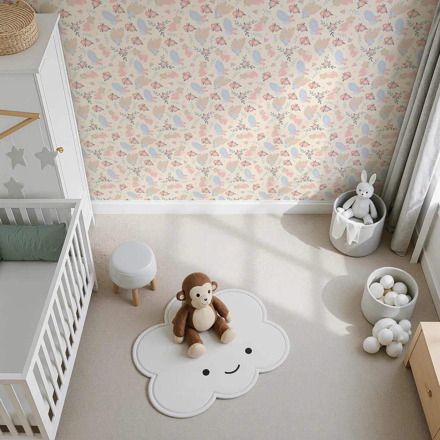 Top-Down view of Whimsy Tots' Floating Botanical Whispers Wallpaper in Cream Petal (W3120C).Pastel leaves and gentle blooms wander across a warm cream hue.