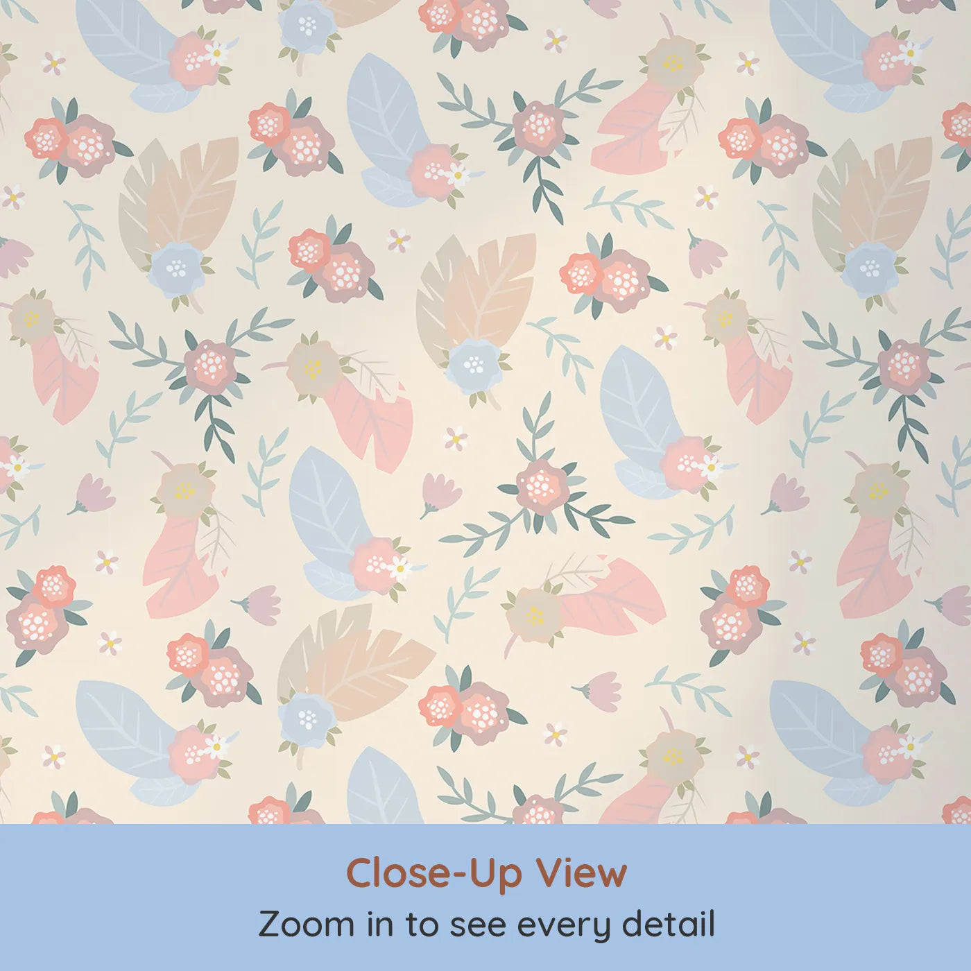 Close-up view of Whimsy Tots' Floating Botanical Whispers Wallpaper in Cream Petal (W3120C).Pastel leaves and gentle blooms wander across a warm cream hue.
