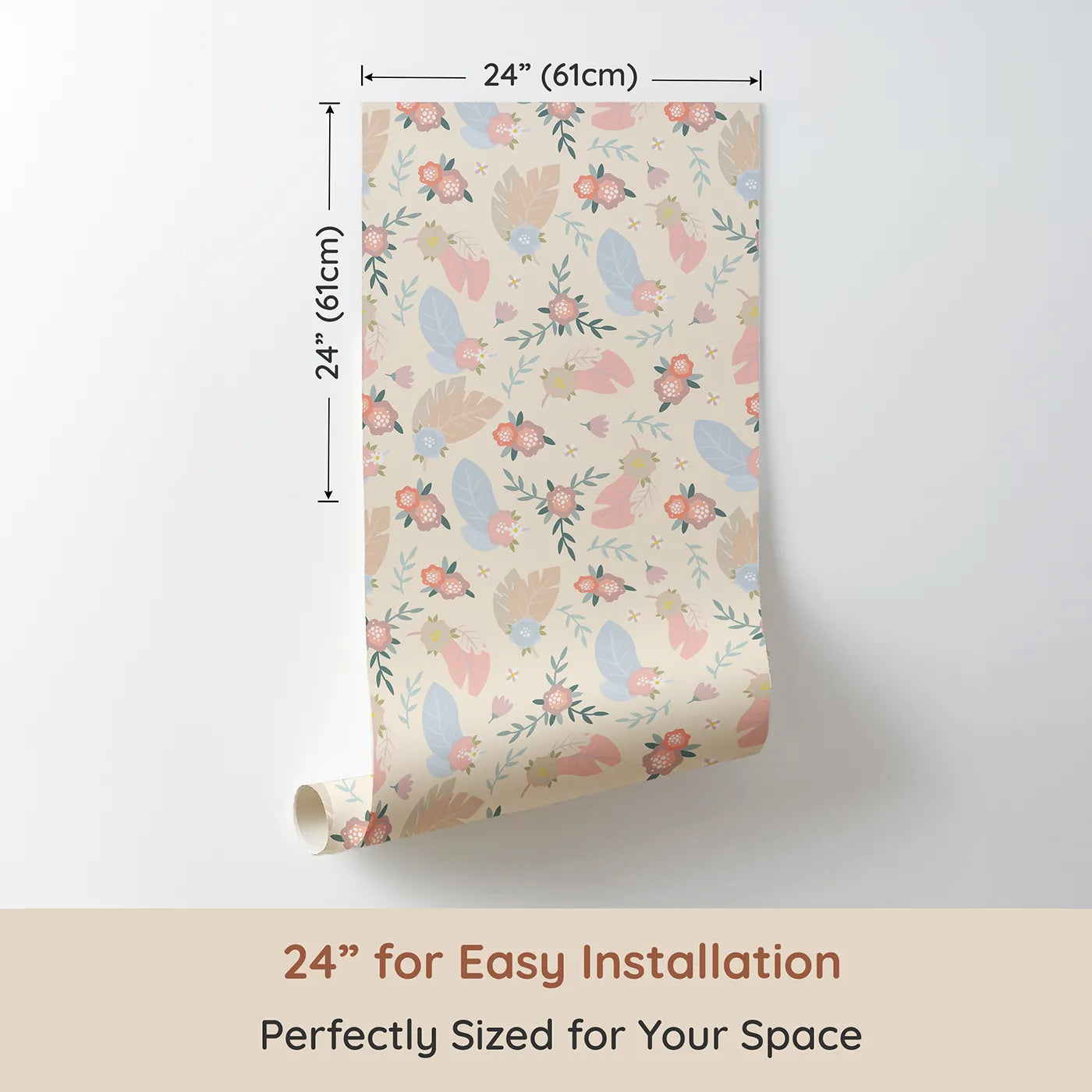 Dimension view of Whimsy Tots Floating Botanical Whispers Wallpaper in Cream Petal (W3120C). Printed in 24-inch-wide panel for easy installation. Pastel leaves and gentle blooms wander across a warm cream hue.