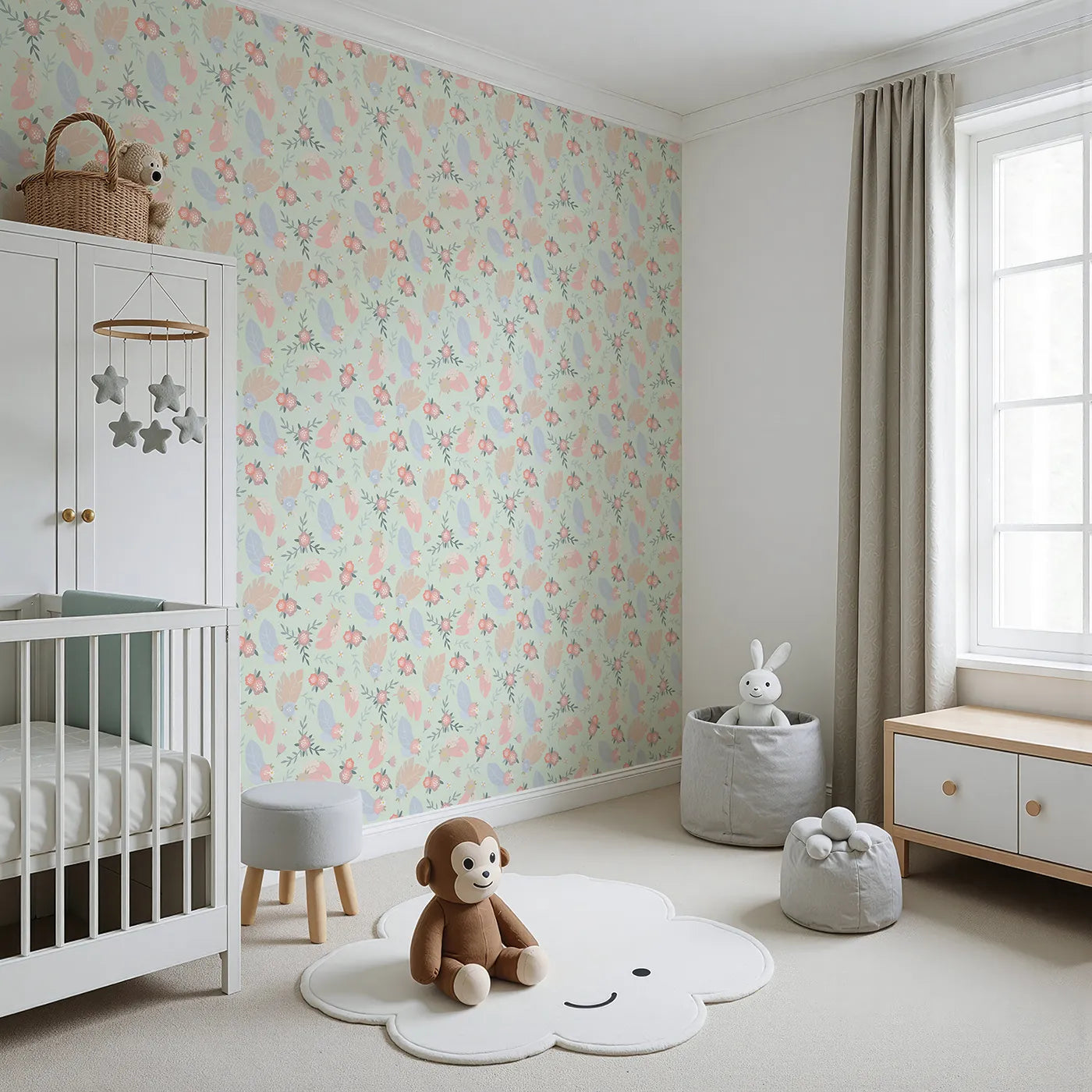 Angled view of Whimsy Tots' Floating Botanical Whispers Wallpaper in Garden Mint Green (W3120D).Soft petals and leafy feathers drift gently over a minty green field.