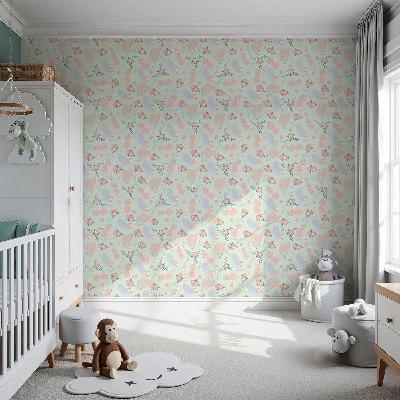 Front view of Whimsy Tots' Floating Botanical Whispers Wallpaper in Garden Mint Green