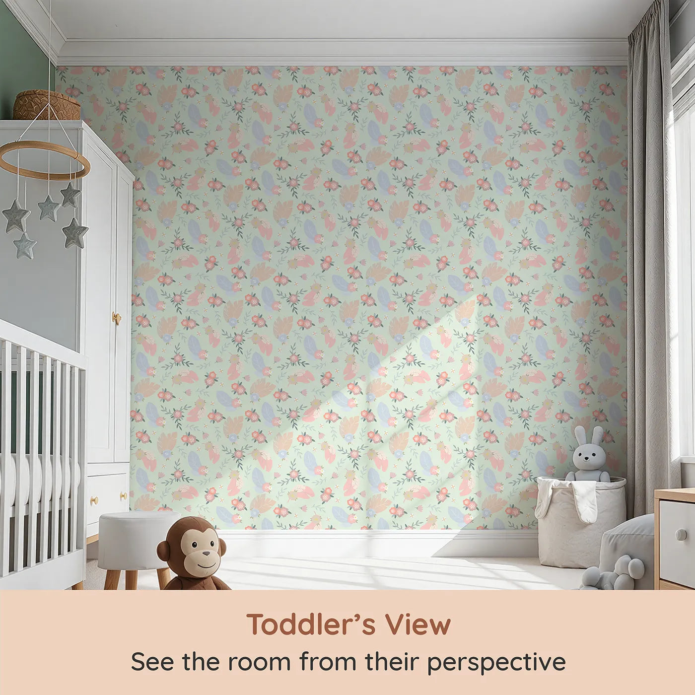 Whimsy Tots Floating Botanical Whispers Wallpaper in Garden Mint Green (W3120D) from your child's view.Soft petals and leafy feathers drift gently over a minty green field.