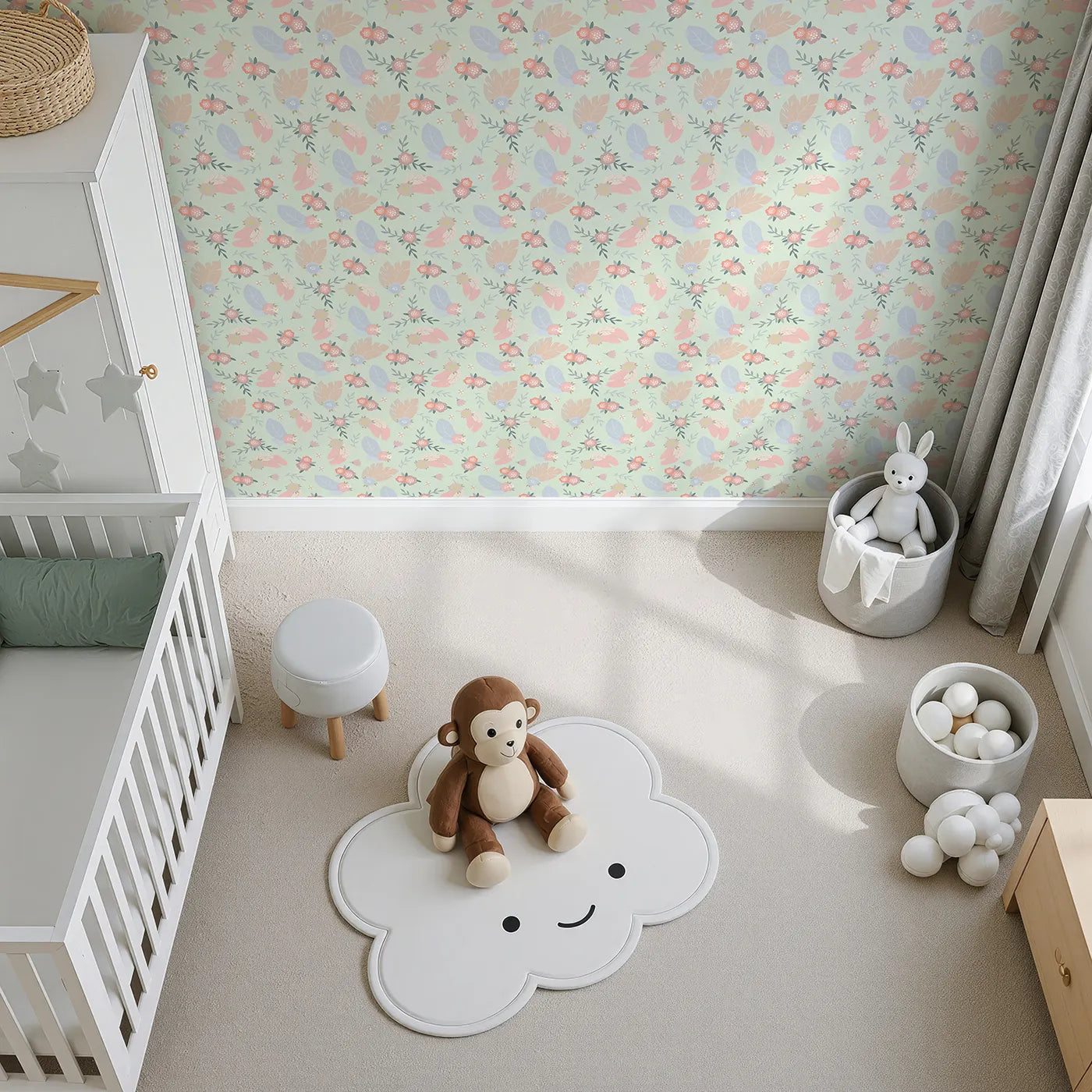 Top-Down view of Whimsy Tots' Floating Botanical Whispers Wallpaper in Garden Mint Green (W3120D).Soft petals and leafy feathers drift gently over a minty green field.