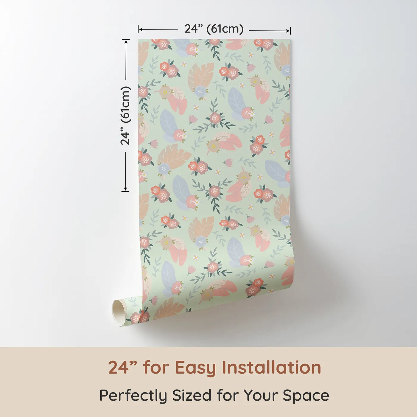 Dimension view of Whimsy Tots Floating Botanical Whispers Wallpaper in Garden Mint Green (W3120D). Printed in 24-inch-wide panel for easy installation. Soft petals and leafy feathers drift gently over a minty green field.