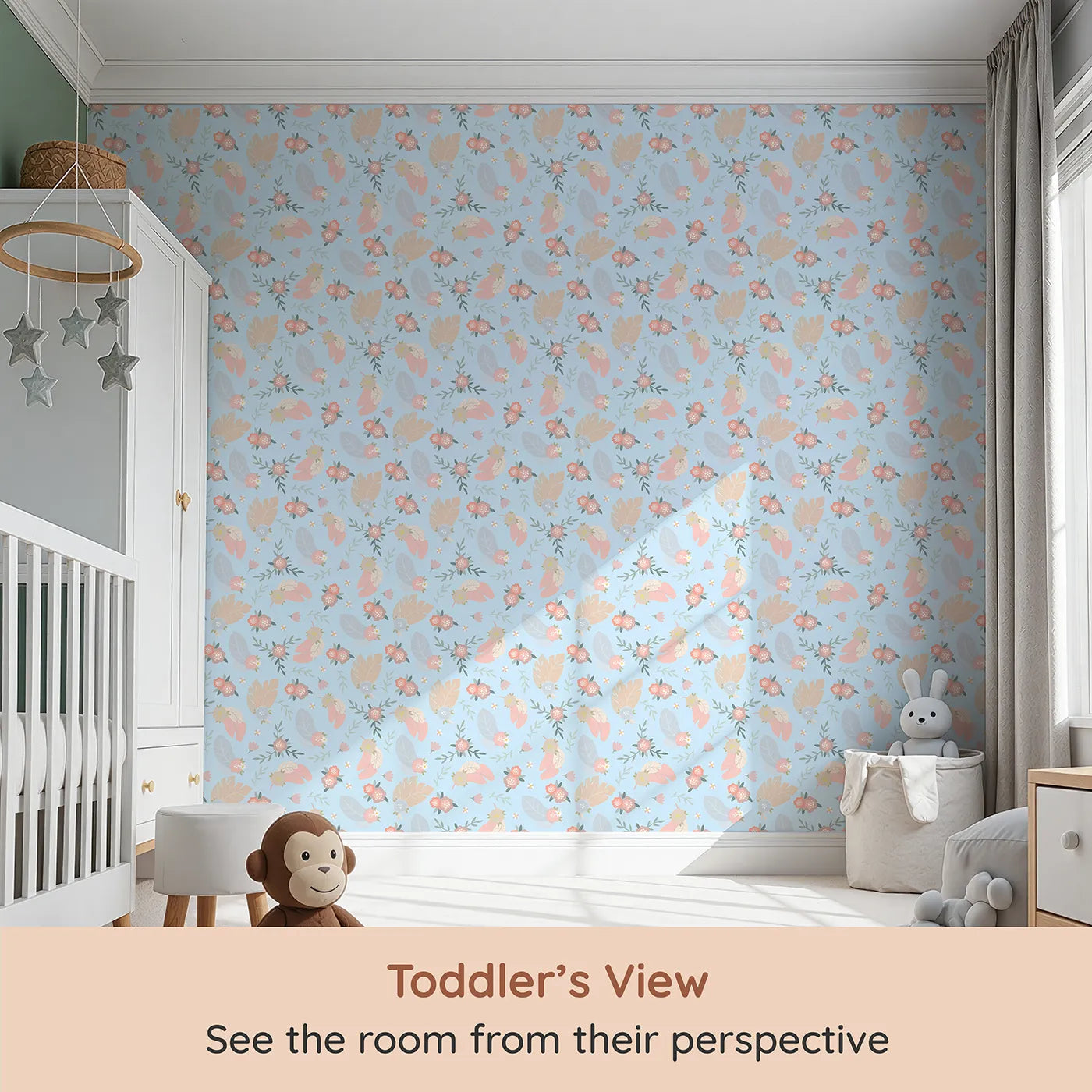Whimsy Tots Floating Botanical Whispers Wallpaper in Morning Sky (W3120E) from your child's view.Airy petals and feathers float gently on a clear blue morning.