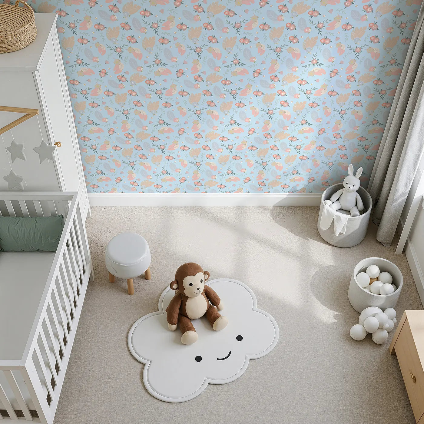 Top-Down view of Whimsy Tots' Floating Botanical Whispers Wallpaper in Morning Sky (W3120E).Airy petals and feathers float gently on a clear blue morning.