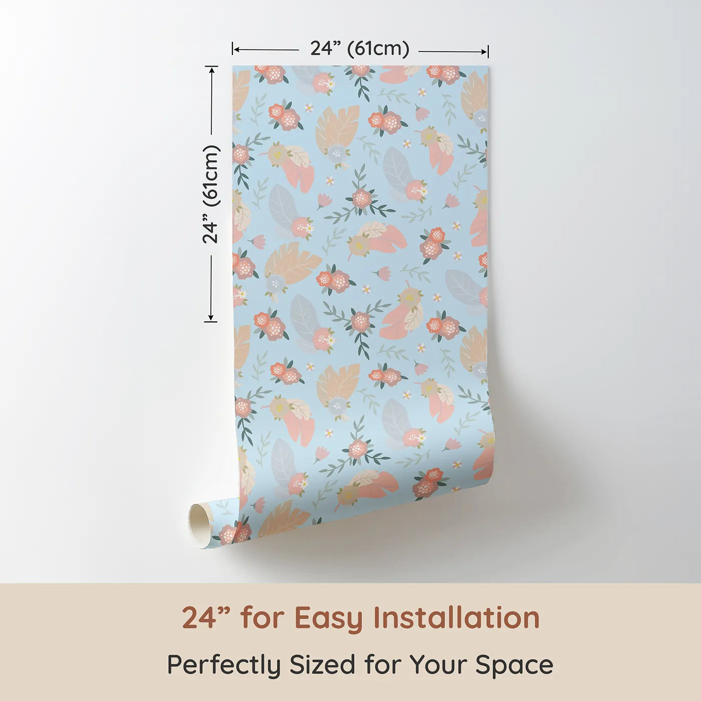 Dimension view of Whimsy Tots Floating Botanical Whispers Wallpaper in Morning Sky (W3120E). Printed in 24-inch-wide panel for easy installation. Airy petals and feathers float gently on a clear blue morning.