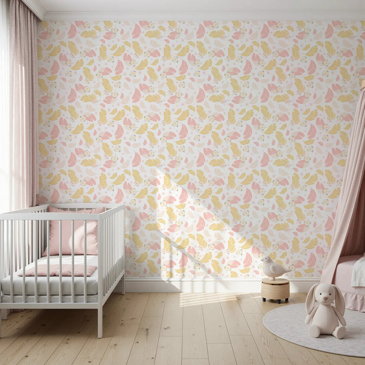 Front view of Whimsy Tots' Floral Feather Drift Wallpaper in Petal White