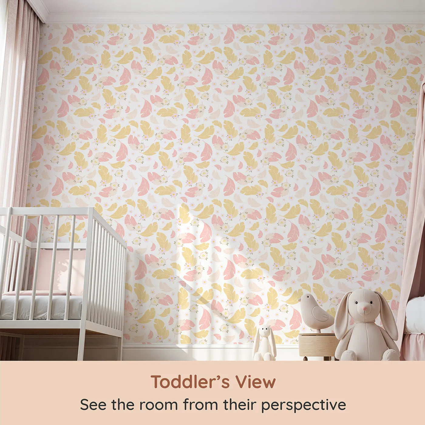 Whimsy Tots Floral Feather Drift Wallpaper in Petal White (W3121A) from your child's view.Gentle florals and pastel feathers swirl through every day with calming charm.