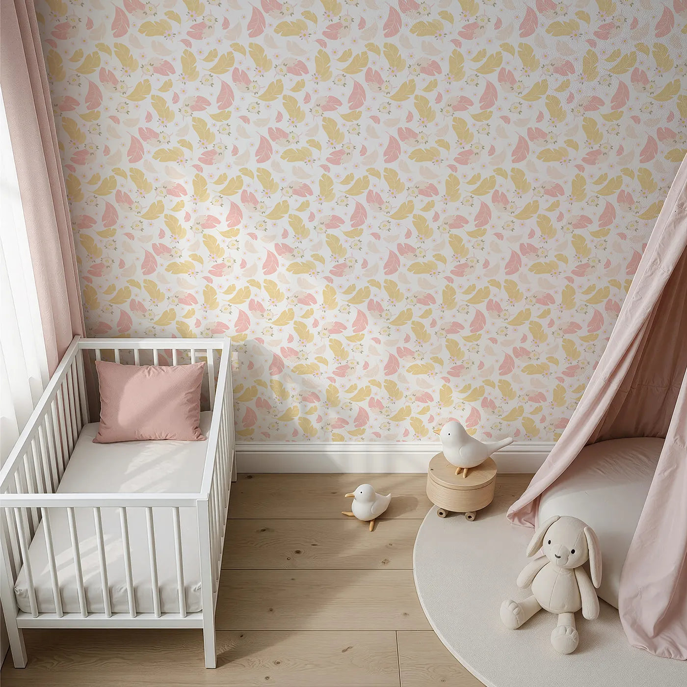 Top-Down view of Whimsy Tots' Floral Feather Drift Wallpaper in Petal White (W3121A).Gentle florals and pastel feathers swirl through every day with calming charm.