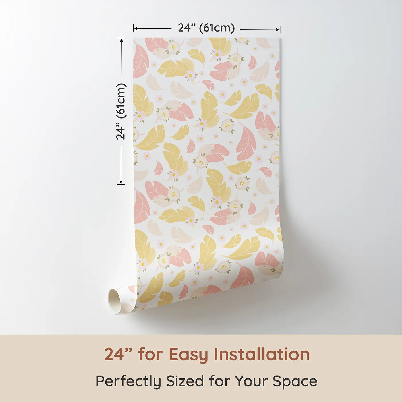 Dimension view of Whimsy Tots Floral Feather Drift Wallpaper in Petal White (W3121A). Printed in 24-inch-wide panel for easy installation. Gentle florals and pastel feathers swirl through every day with calming charm.