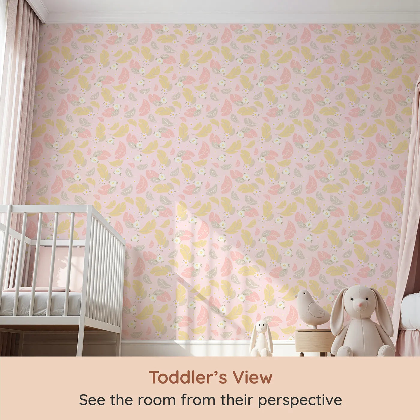 Whimsy Tots Floral Feather Drift Wallpaper in Blush Bloom Pink (W3121B) from your child's view.Floating florals and soft feathers create a soothing, blooming retreat.