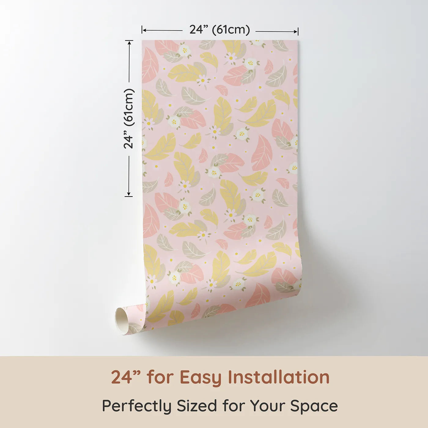Dimension view of Whimsy Tots Floral Feather Drift Wallpaper in Blush Bloom Pink (W3121B). Printed in 24-inch-wide panel for easy installation. Floating florals and soft feathers create a soothing, blooming retreat.