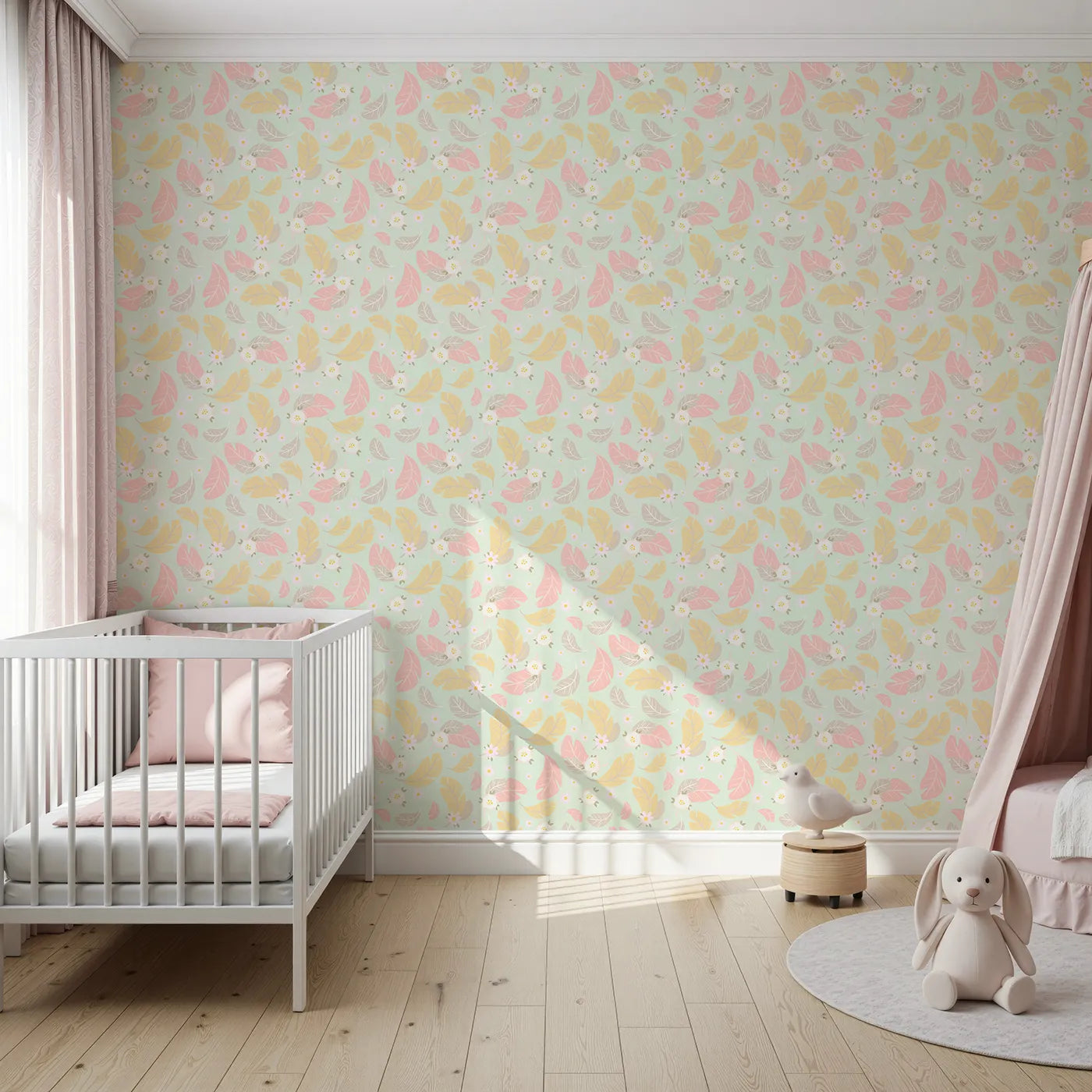 Front view of Whimsy Tots' Floral Feather Drift Wallpaper in Mint Garden Green