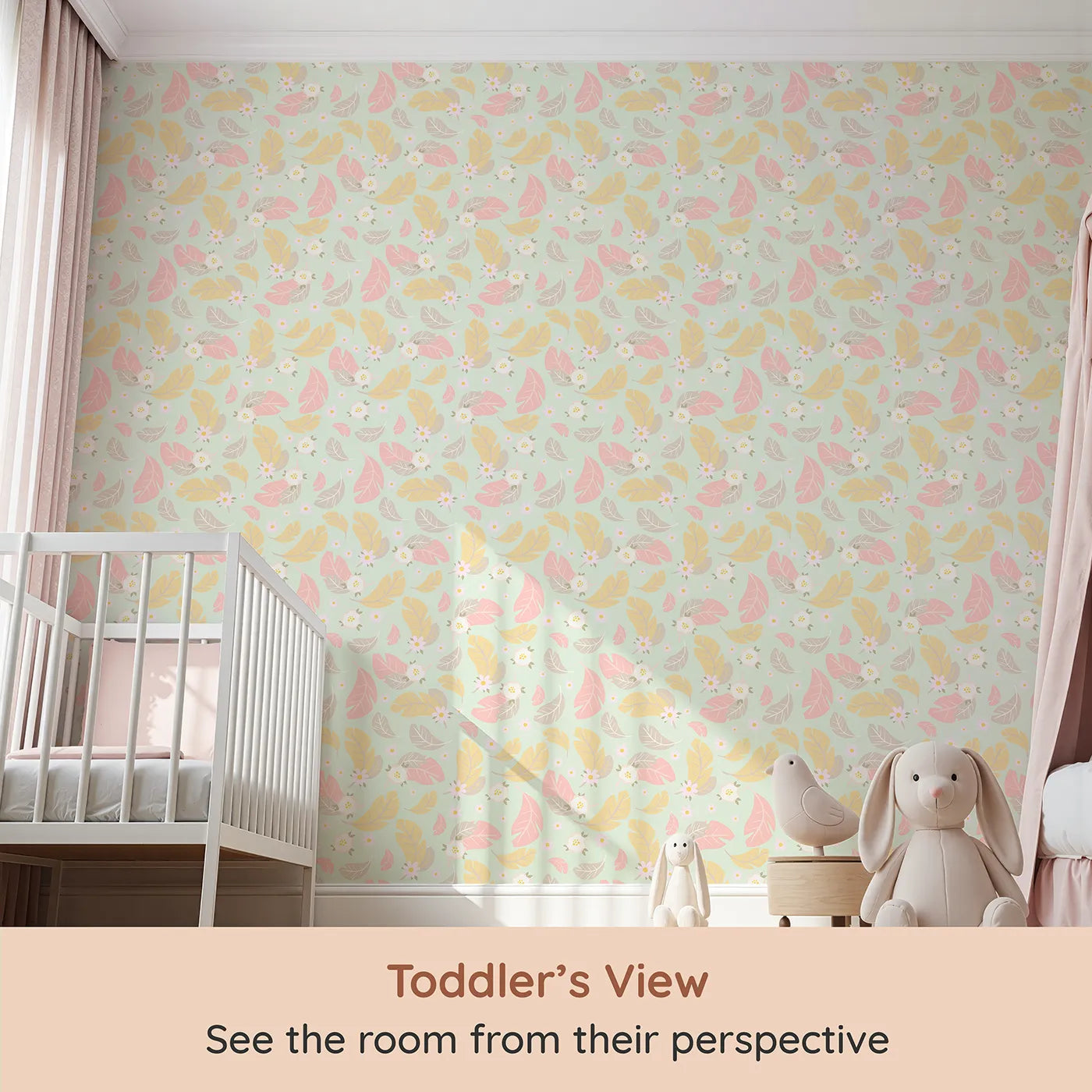 Whimsy Tots Floral Feather Drift Wallpaper in Mint Garden Green (W3121C) from your child's view.Pastel florals flutter across a gentle mint breeze.
