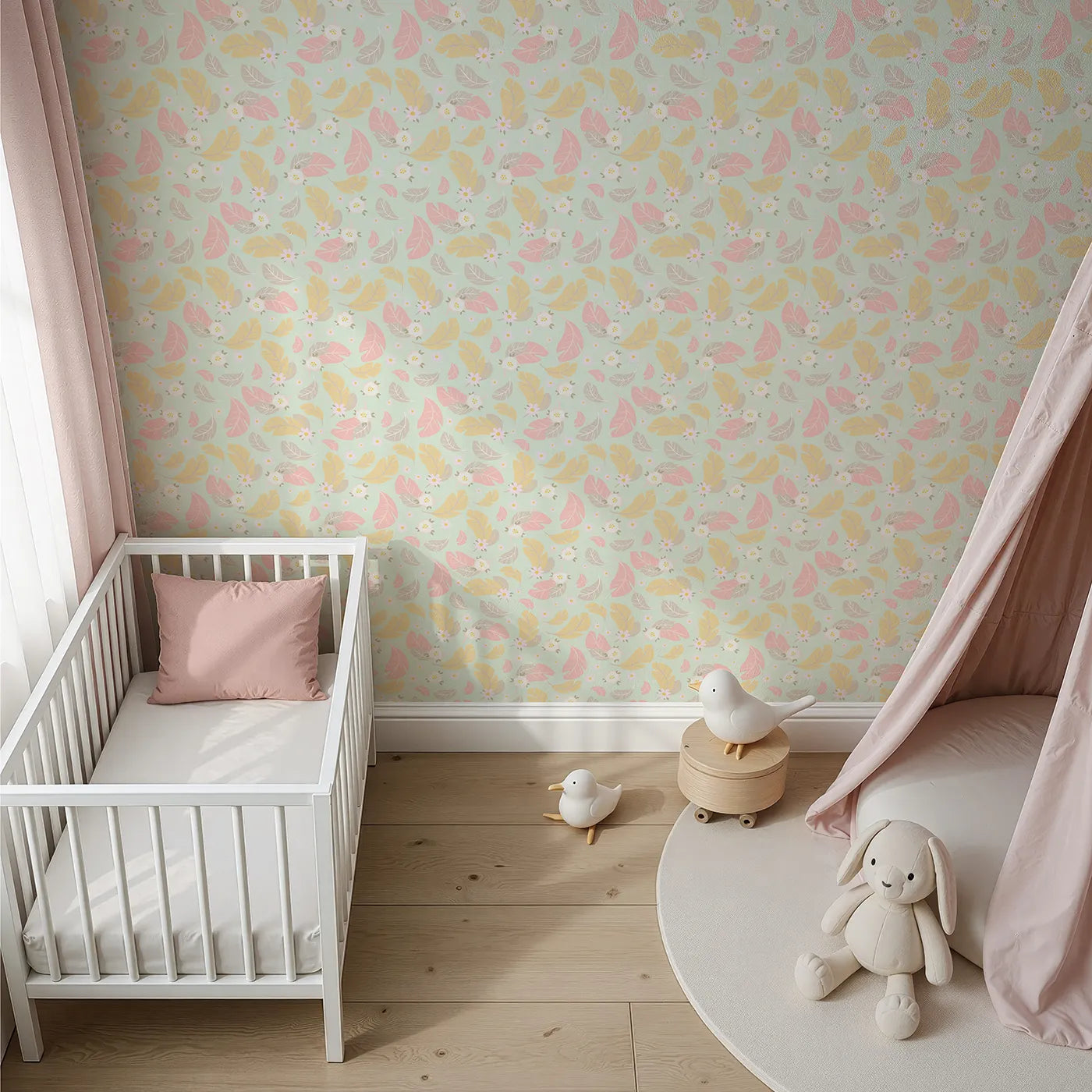 Top-Down view of Whimsy Tots' Floral Feather Drift Wallpaper in Mint Garden Green (W3121C).Pastel florals flutter across a gentle mint breeze.
