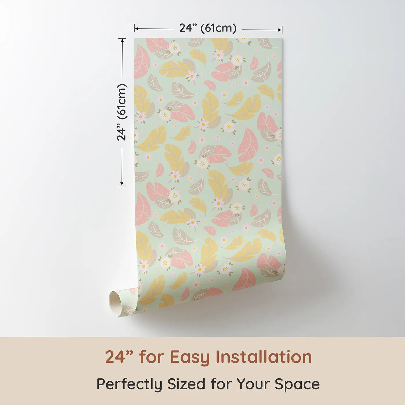 Dimension view of Whimsy Tots Floral Feather Drift Wallpaper in Mint Garden Green (W3121C). Printed in 24-inch-wide panel for easy installation. Pastel florals flutter across a gentle mint breeze.