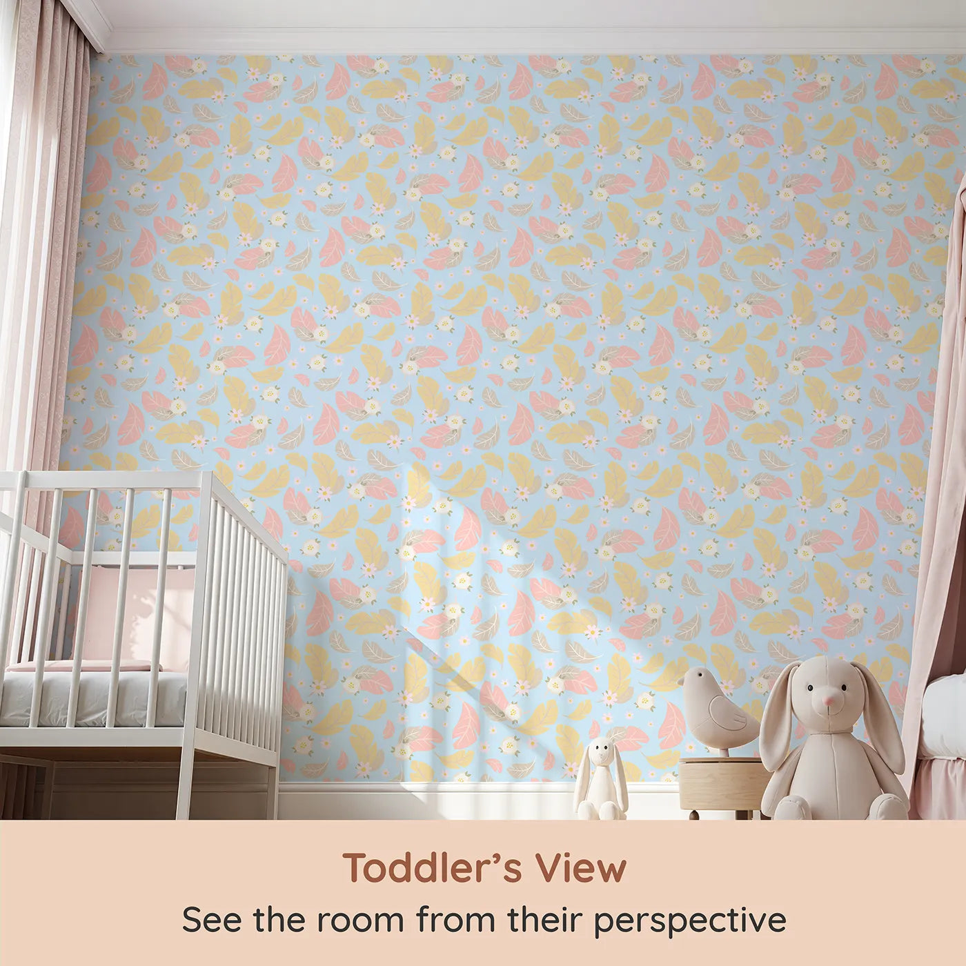 Whimsy Tots Floral Feather Drift Wallpaper in Sky Bloom (W3121D) from your child's view.Light feathers and florals bloom across a cheerful sky-blue breeze.