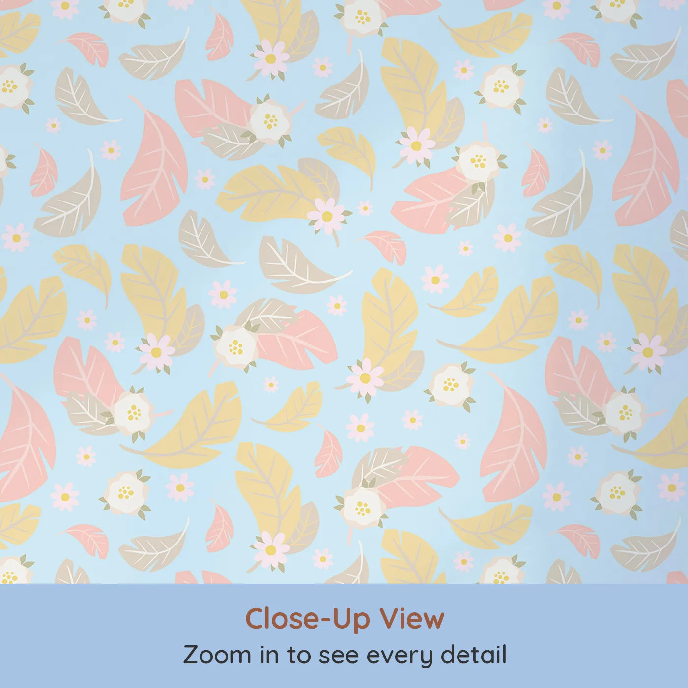 Close-up view of Whimsy Tots' Floral Feather Drift Wallpaper in Sky Bloom (W3121D).Light feathers and florals bloom across a cheerful sky-blue breeze.