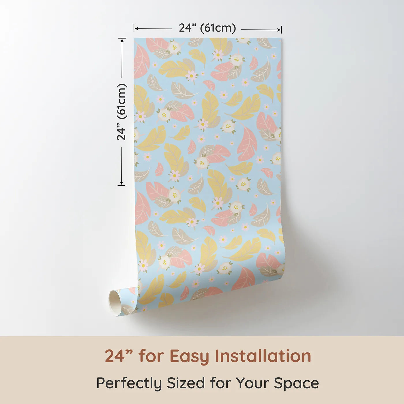 Dimension view of Whimsy Tots Floral Feather Drift Wallpaper in Sky Bloom (W3121D). Printed in 24-inch-wide panel for easy installation. Light feathers and florals bloom across a cheerful sky-blue breeze.