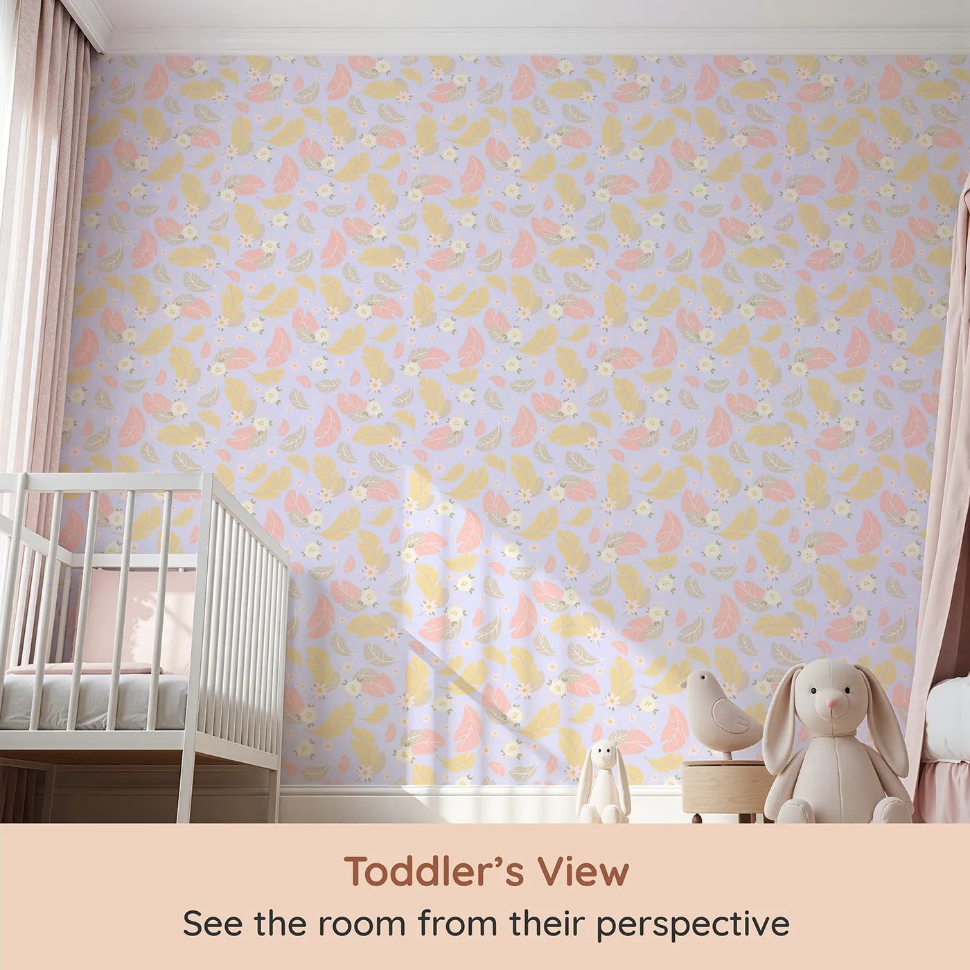 Whimsy Tots Floral Feather Drift Wallpaper in Lavender Mist (W3121E) from your child's view.Blushing petals and golden feathers float through soft lavender skies.