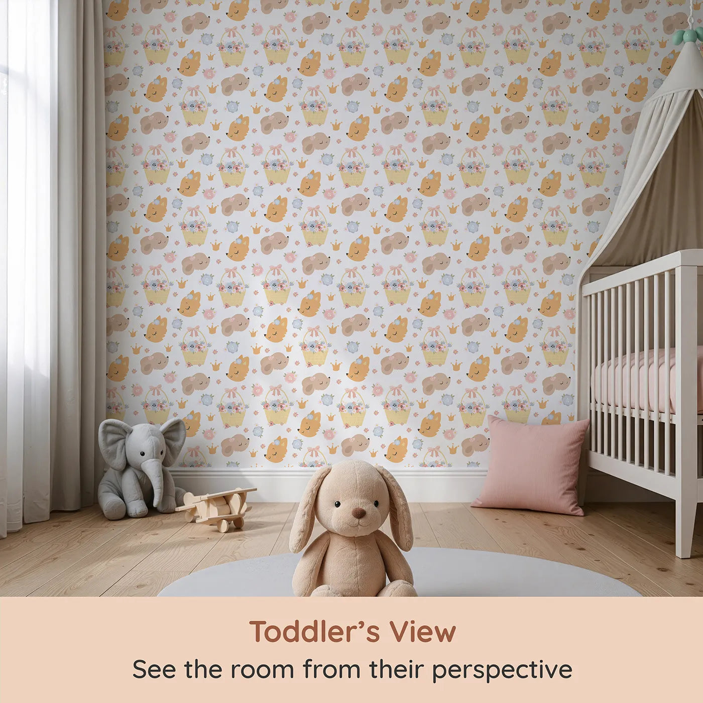 Whimsy Tots Blossom Basket Friends Wallpaper (W3122A) from your child's view.Charming woodland animals and pastel blooms bring cozy delight to their day.