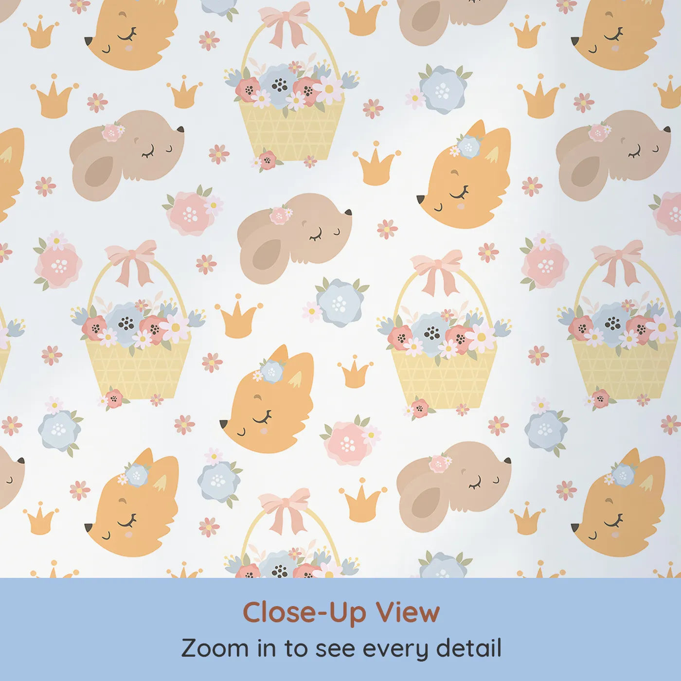 Close-up view of Whimsy Tots' Blossom Basket Friends Wallpaper (W3122A).Charming woodland animals and pastel blooms bring cozy delight to their day.