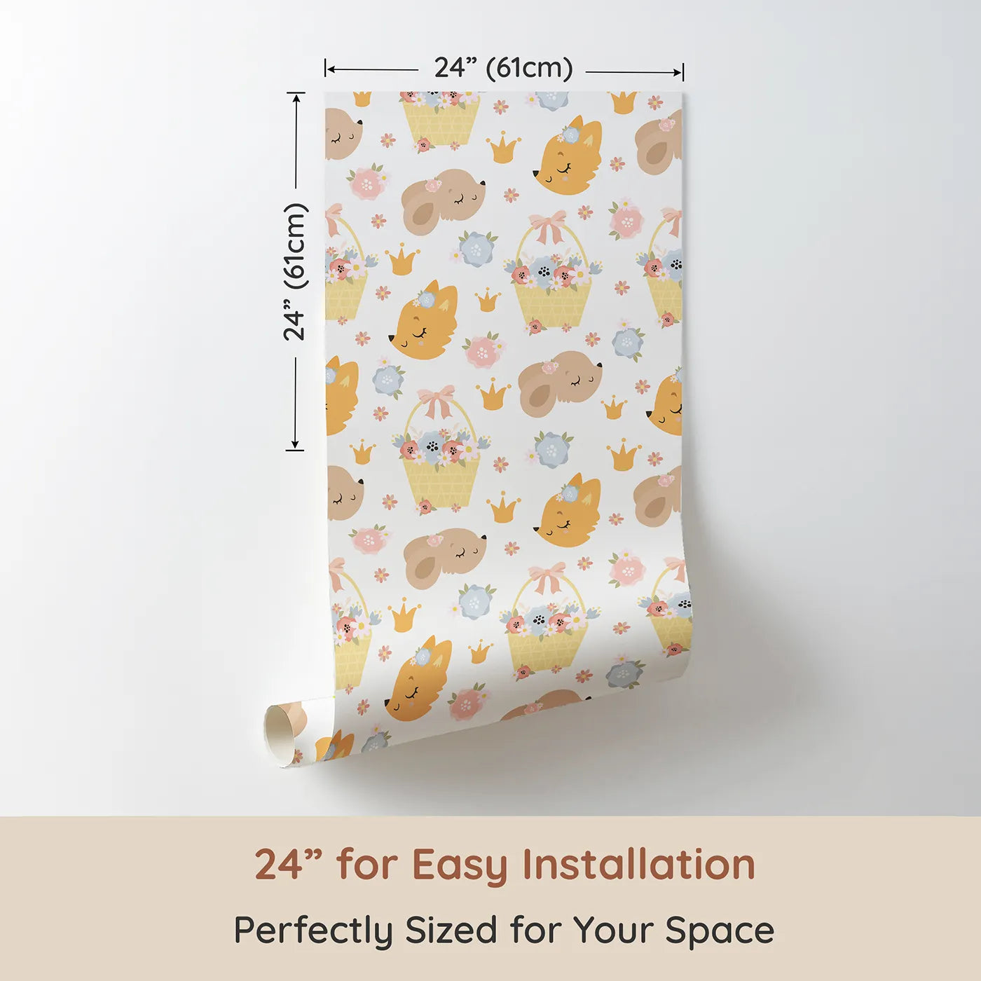 Dimension view of Whimsy Tots Blossom Basket Friends Wallpaper (W3122A). Printed in 24-inch-wide panel for easy installation. Charming woodland animals and pastel blooms bring cozy delight to their day.